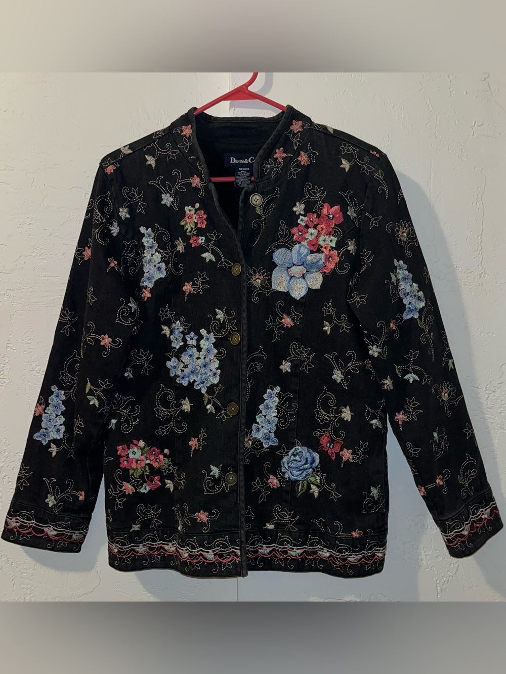 Denim & Co Beautiful Floral Embroidered Black Jean Jacket - Picture 2 of 16